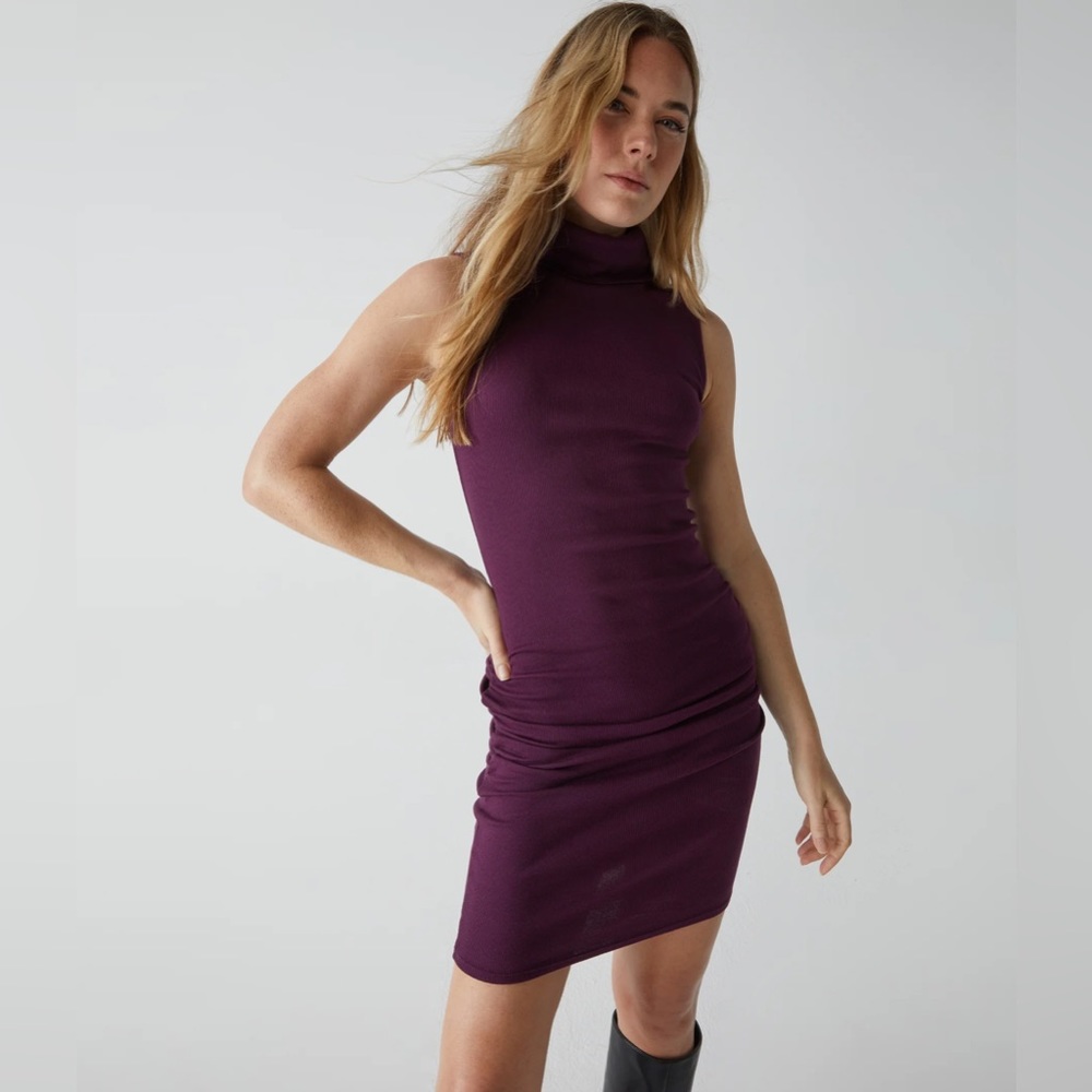 Michael Stars burgundy ribbed turtleneck sleeveless cotton knit dress size L